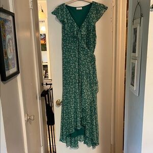 LC Lauren Conrad Green Floral High-Low Ruffle Midi Dress